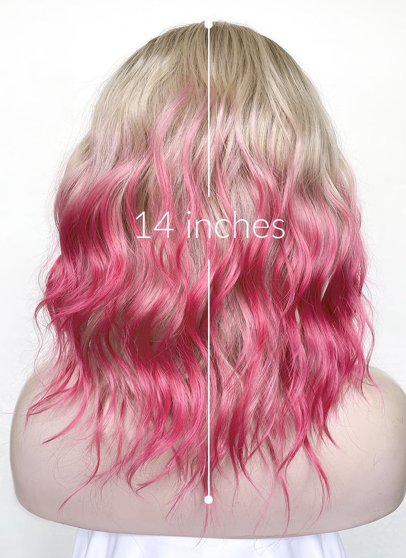 Blonde Mixed Pink With Dark Roots Wavy Lace Front Synthetic Hair Wig LFK5551