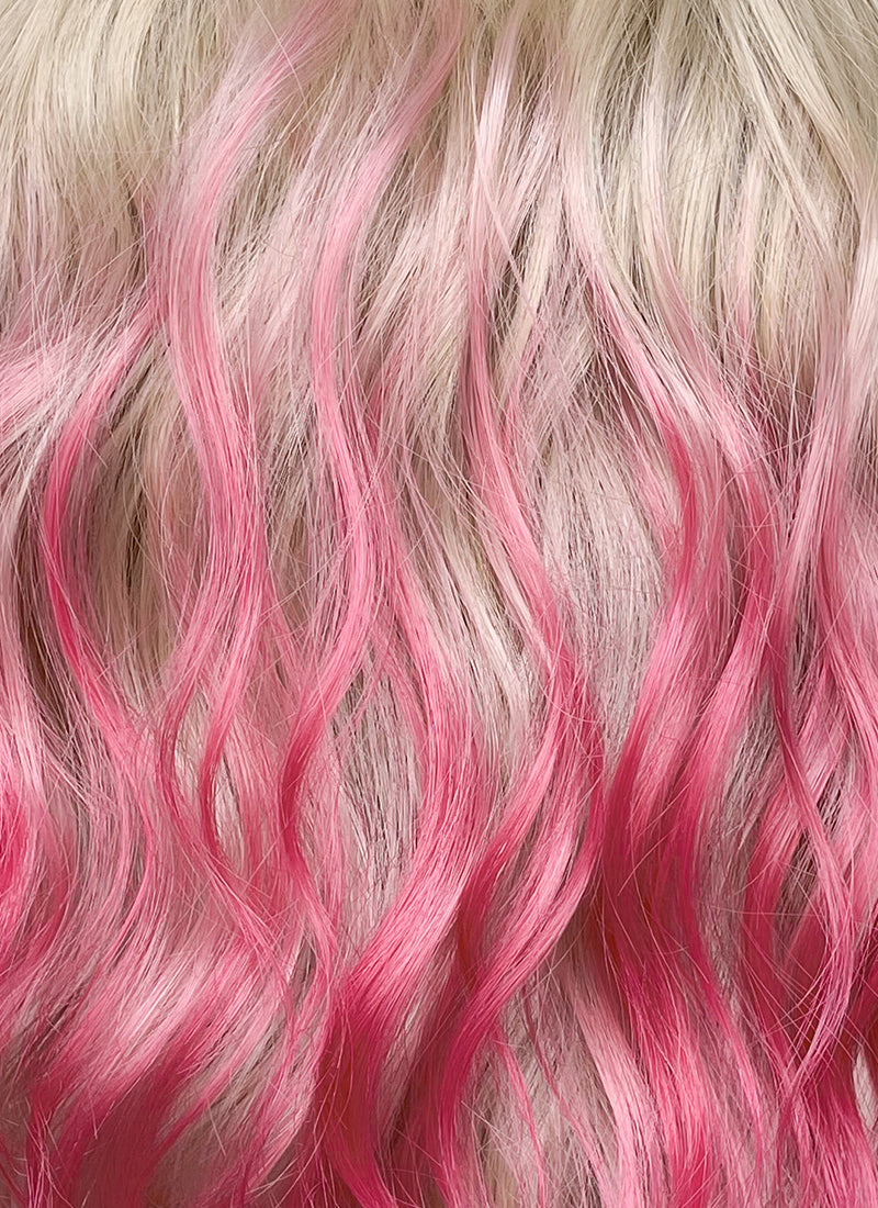 Blonde Mixed Pink With Dark Roots Wavy Lace Front Synthetic Hair Wig LFK5551