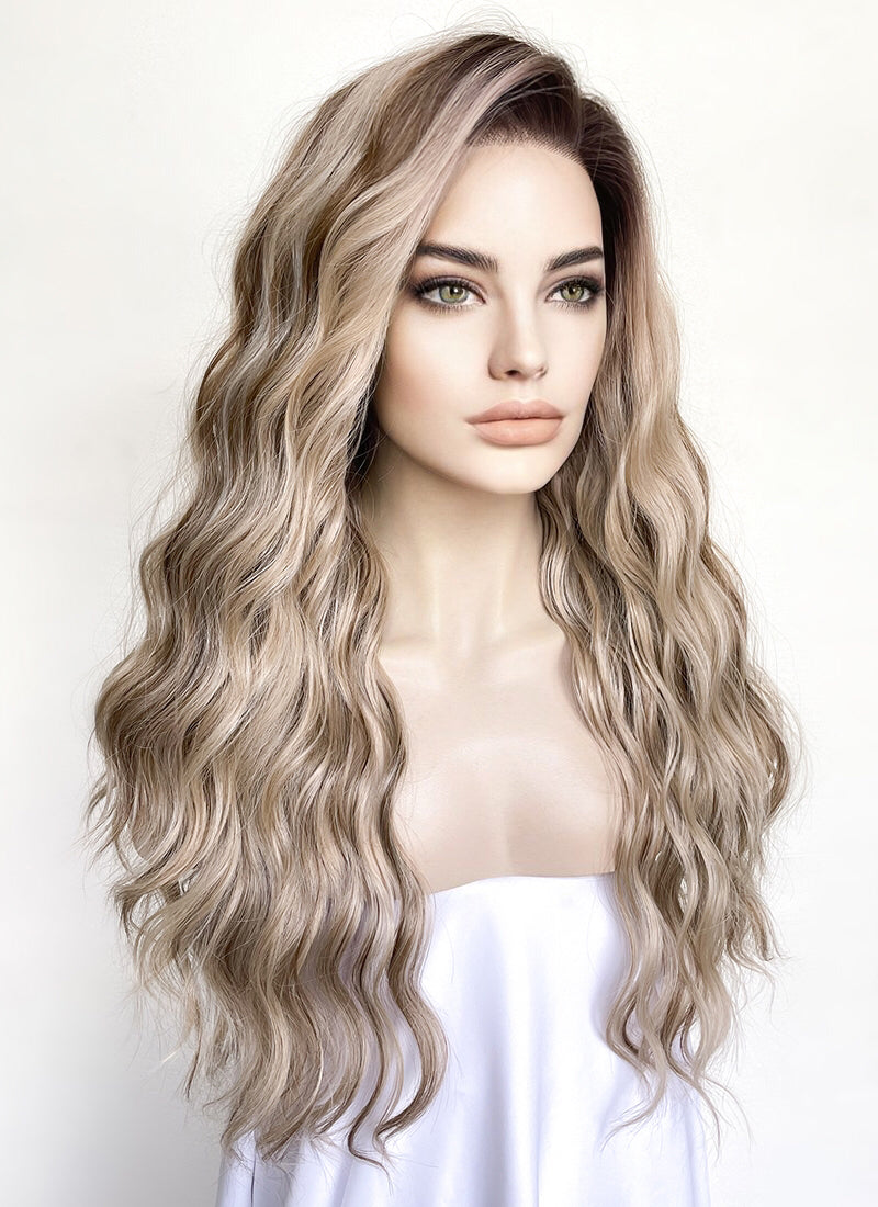 Blonde Mixed Brown With Dark Roots Wavy 13" x 6" Lace Top Kanekalon Synthetic Hair Wig LFS033
