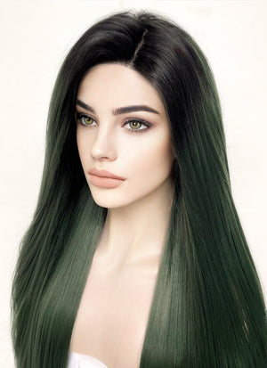 Swamp Green With Dark Roots Straight Yaki Lace Front Synthetic Wig LN6024