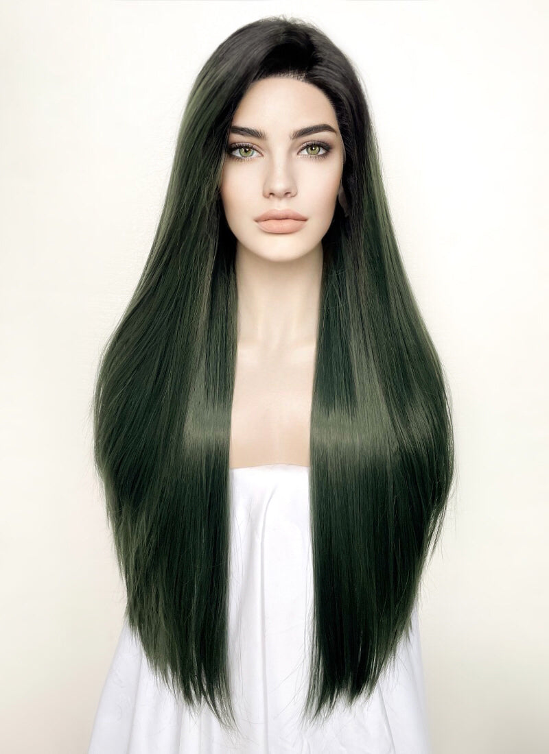 Deep Green With Dark Roots Straight Yaki Lace Front Synthetic Wig LN6024