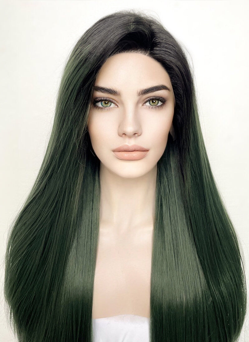 Swamp Green With Dark Roots Straight Yaki Lace Front Synthetic Wig LN6024