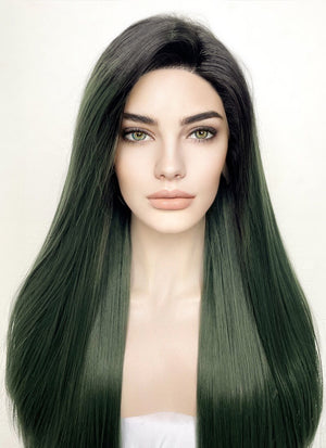 Swamp Green With Dark Roots Straight Yaki Lace Front Synthetic Wig LN6024