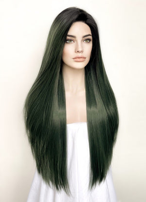 Swamp Green With Dark Roots Straight Yaki Lace Front Synthetic Wig LN6024