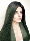 Swamp Green With Dark Roots Straight Yaki Lace Front Synthetic Wig LN6024