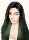 Swamp Green With Dark Roots Straight Yaki Lace Front Synthetic Wig LN6024