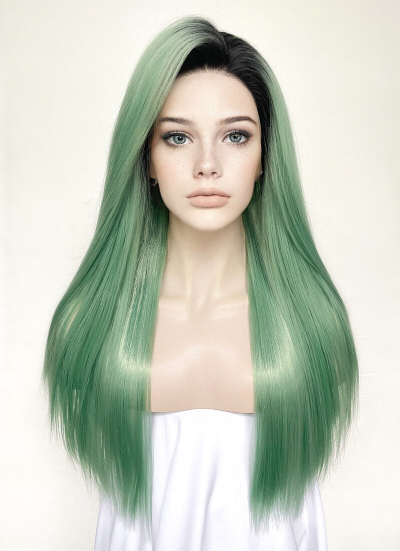 Green With Dark Roots Straight Yaki Lace Front Synthetic Wig LN6029