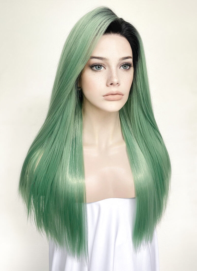 Green With Dark Roots Straight Yaki Lace Front Synthetic Wig LN6029
