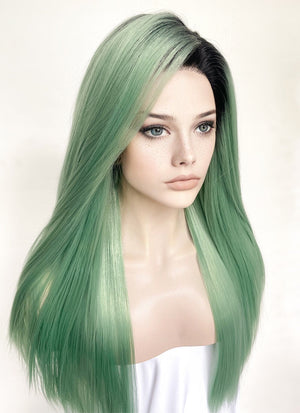 Green With Dark Roots Straight Yaki Lace Front Synthetic Wig LN6029