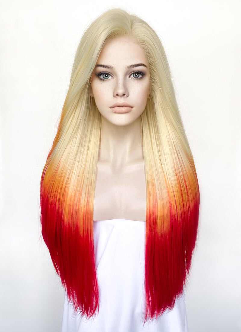 Blonde Yellow Red Ombre Straight Lace Front Synthetic Hair Wig LN6030