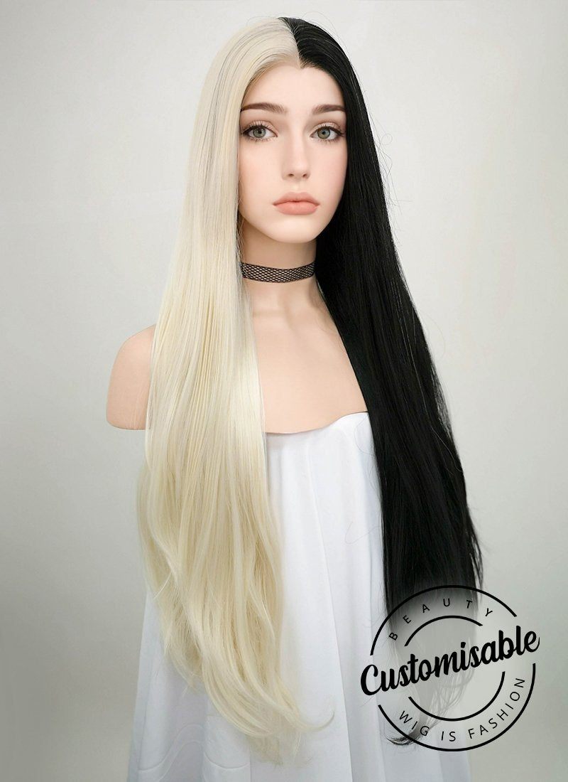 Straight Light Blonde Black Split Gemini Color Lace Wig CLW1531 (Customisable)