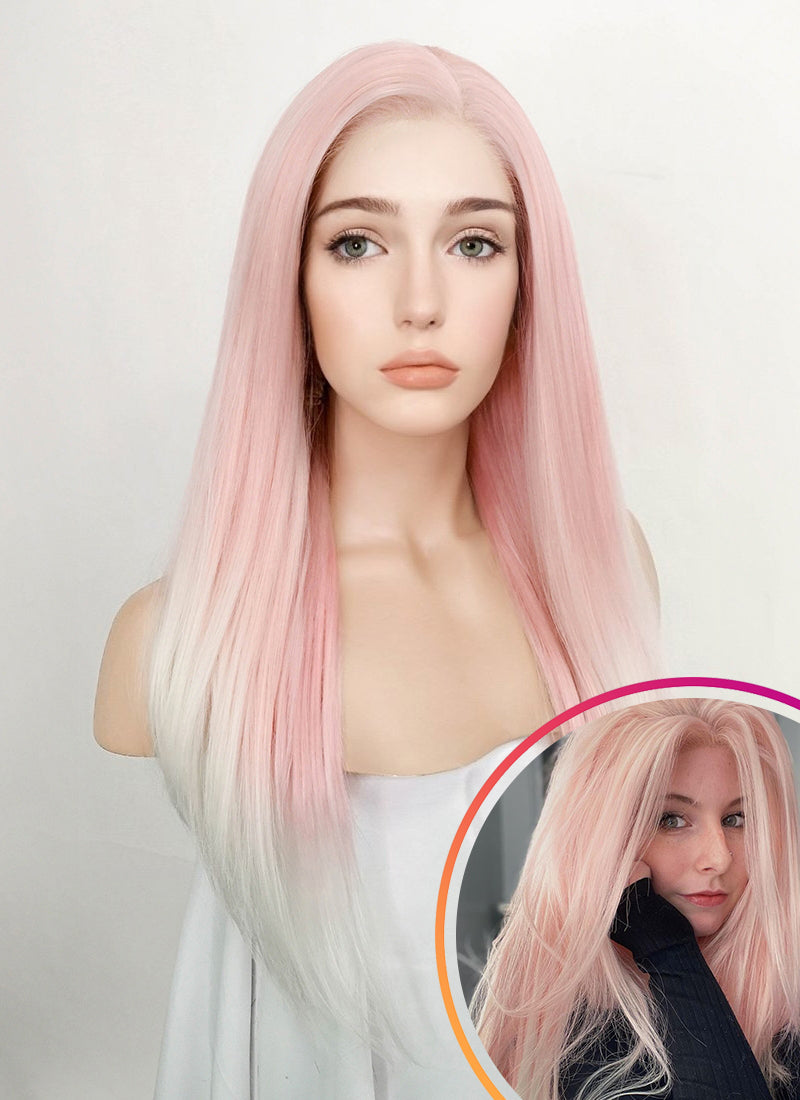 Pink White Ombre Straight Lace Front Synthetic Wig LW4008