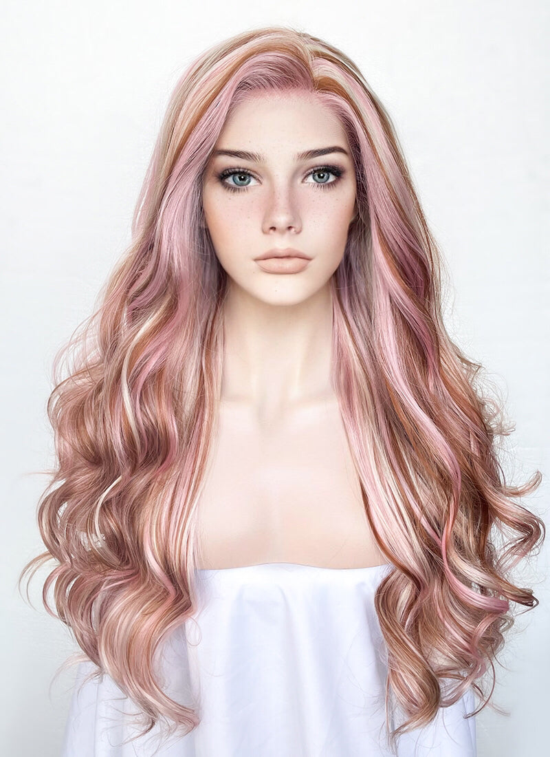 Pink Blonde Brown Mixed Wavy Lace Front Synthetic Wig LW4019