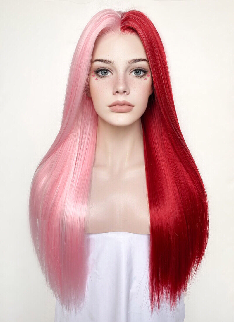 Pink Red Split Color Straight Lace Front Synthetic Wig LW4025
