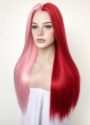 Pink Red Split Gemini Color Straight Lace Front Synthetic Wig LW4025