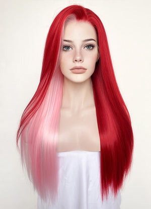 Pink Red Split Gemini Color Straight Lace Front Synthetic Wig LW4025