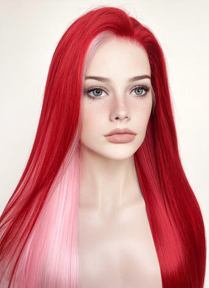 Pink Red Split Gemini Color Straight Lace Front Synthetic Wig LW4025