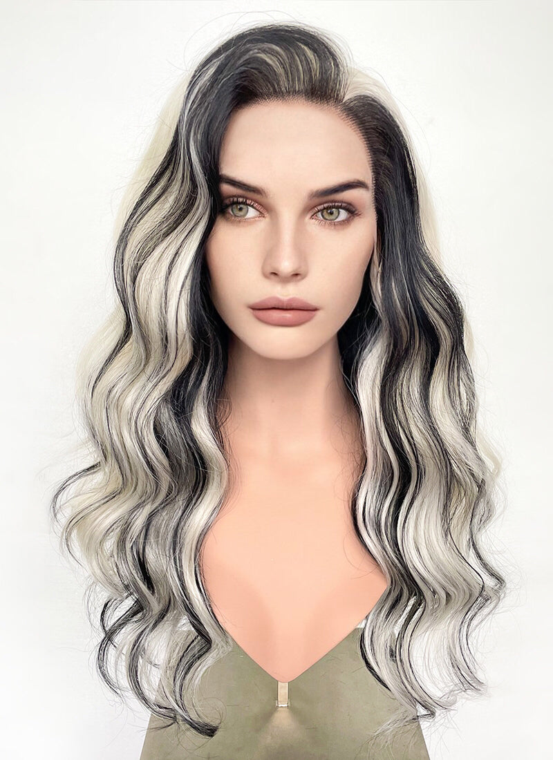 Platinum Blonde Mixed Black Wavy Lace Front Synthetic Wig LW4027