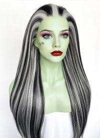 Monster High Frankie Stein Black With Silver Grey Highlights Straight Lace Front Synthetic Wig LW4030