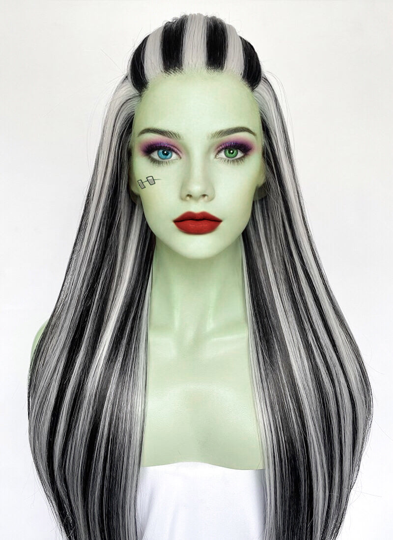 Monster High Frankie Stein Black With Silver Grey Highlights Straight Lace Front Synthetic Wig LW4030