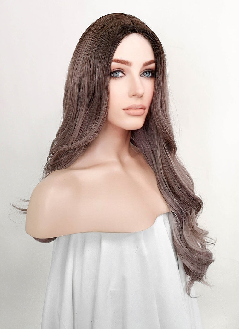 Ash Purple With Dark Roots Wavy Synthetic Wig NS295