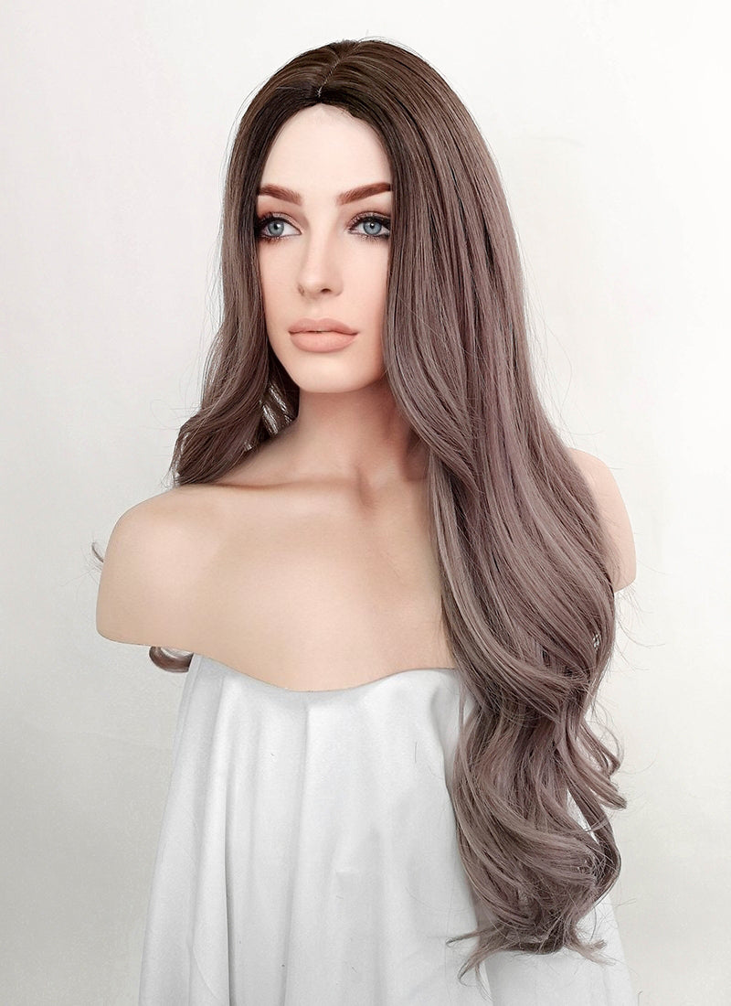 Ash Purple With Dark Roots Wavy Synthetic Wig NS295