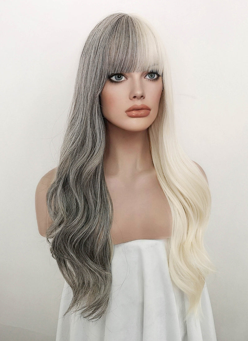 Blonde Grey Split Gemini Color Wavy Synthetic Wig NS330