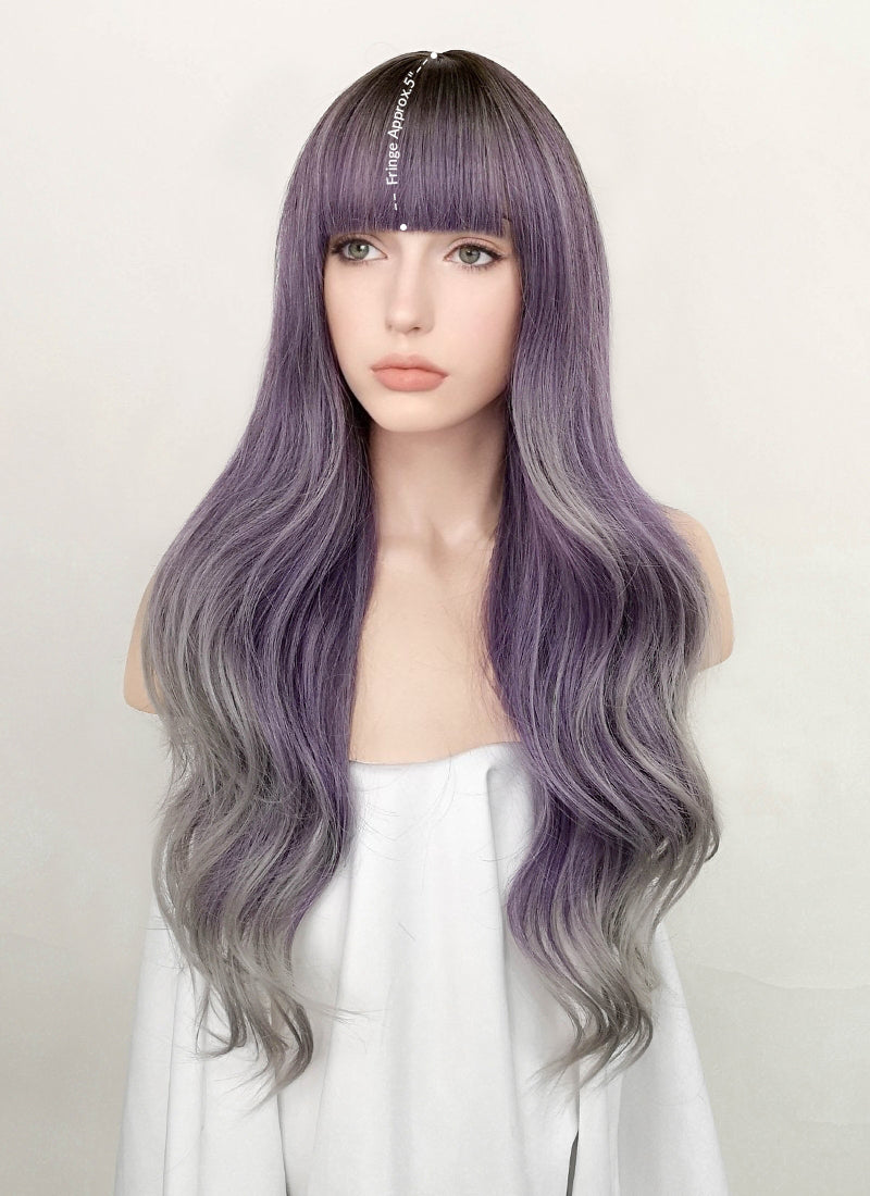 Purple Grey Ombre With Dark Roots Wavy Synthetic Hair Wig NS370
