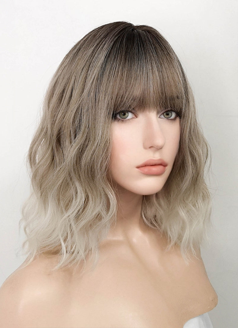 Two Tone Blonde Ombre with Dark Roots Wavy Bob Synthetic Hair Wig NS398