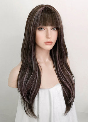 Brunette With Purple Grey Tips Straight Synthetic Hair Wig NS412