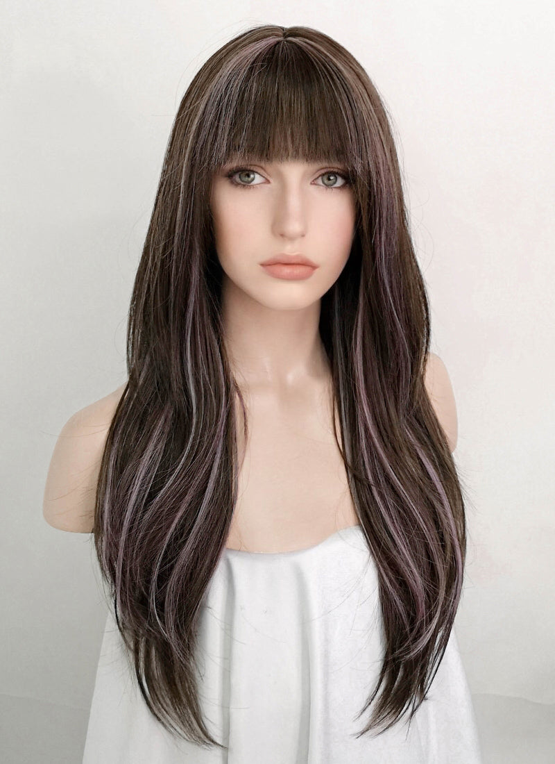 Brunette With Purple Grey Tips Straight Synthetic Hair Wig NS412