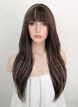 Brunette With Purple Grey Tips Straight Synthetic Hair Wig NS412