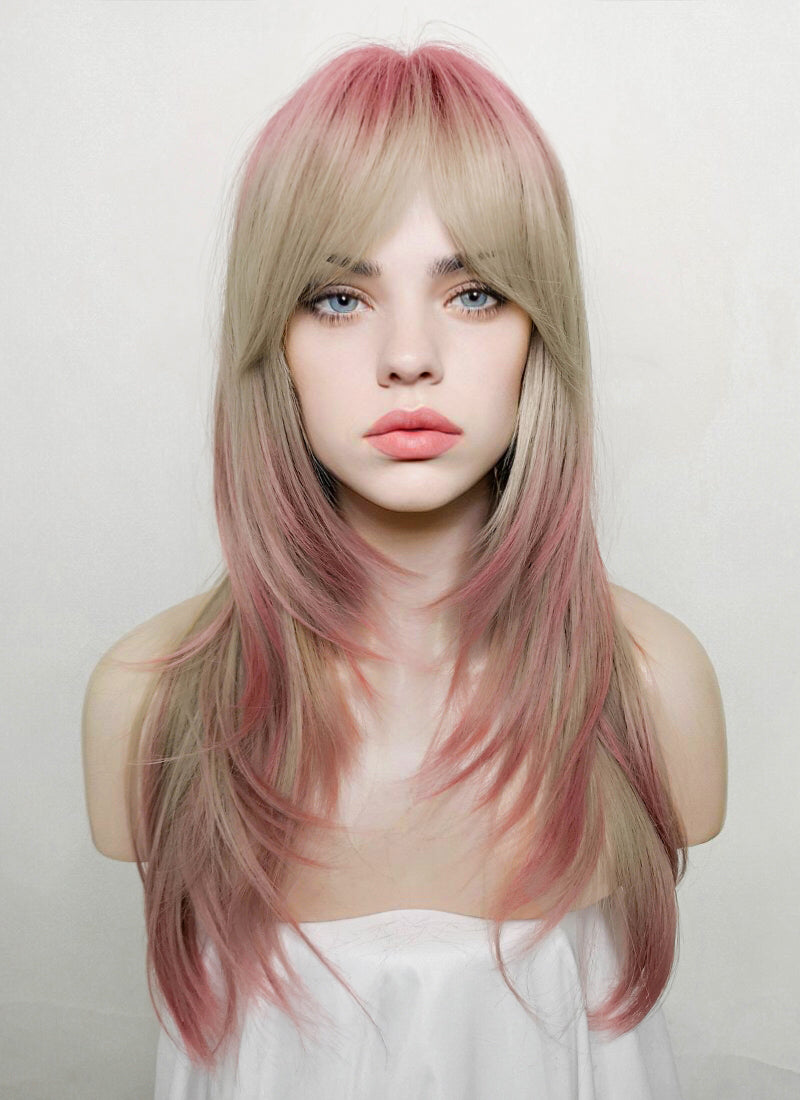 Pink Mixed Blonde Ombre Layered Synthetic Hair Wig NS415