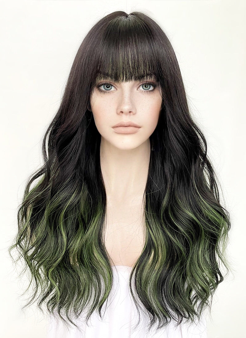 Black Mixed Green Wavy Synthetic Hair Wig NS425