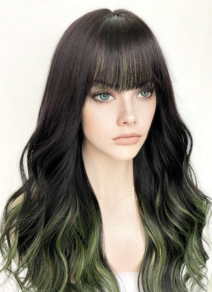 Black Mixed Green Wavy Synthetic Hair Wig NS425