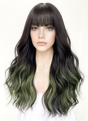 Black Mixed Green Wavy Synthetic Hair Wig NS425