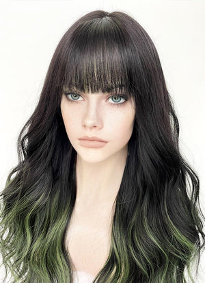 Black Mixed Green Wavy Synthetic Hair Wig NS425