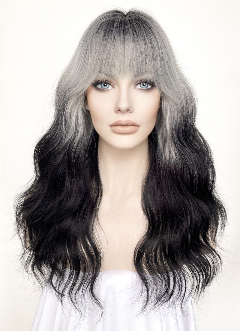 Grey Black Ombre With Dark Roots Wavy Synthetic Hair Wig NS436