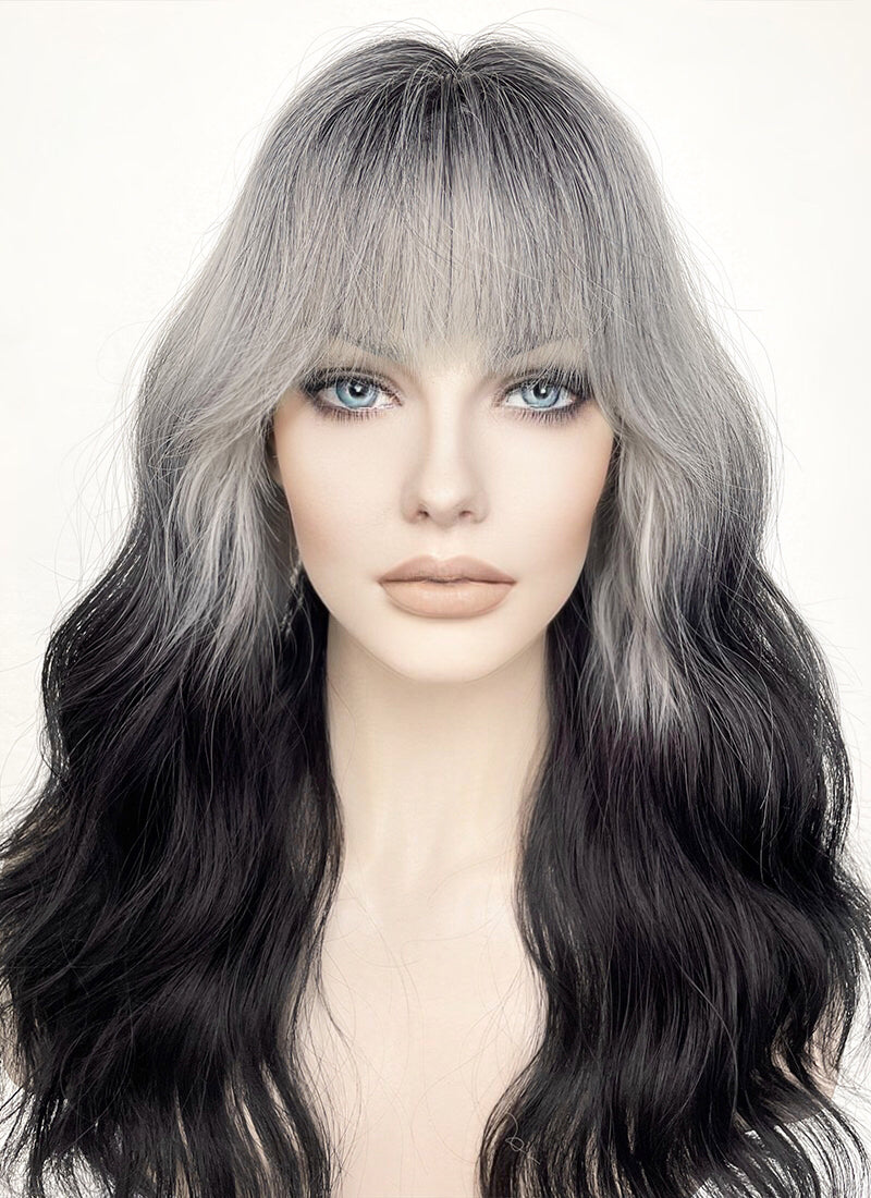 Grey Black Ombre With Dark Roots Wavy Synthetic Hair Wig NS436