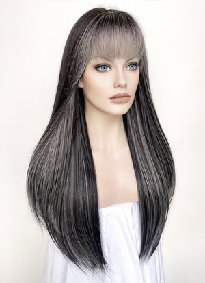 Black Mixed Grey Straight Synthetic Hair Wig NS442
