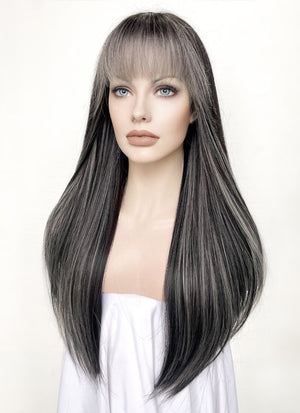 Black Mixed Grey Straight Synthetic Hair Wig NS442