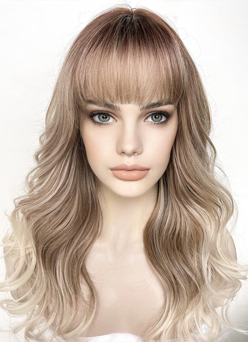 Mixed Blonde With Brown Roots Wavy Synthetic Hair Wig NS443