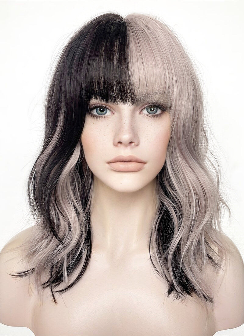 Ash Pinkish Blonde Mixed Black Wavy Synthetic Hair Wig NS483
