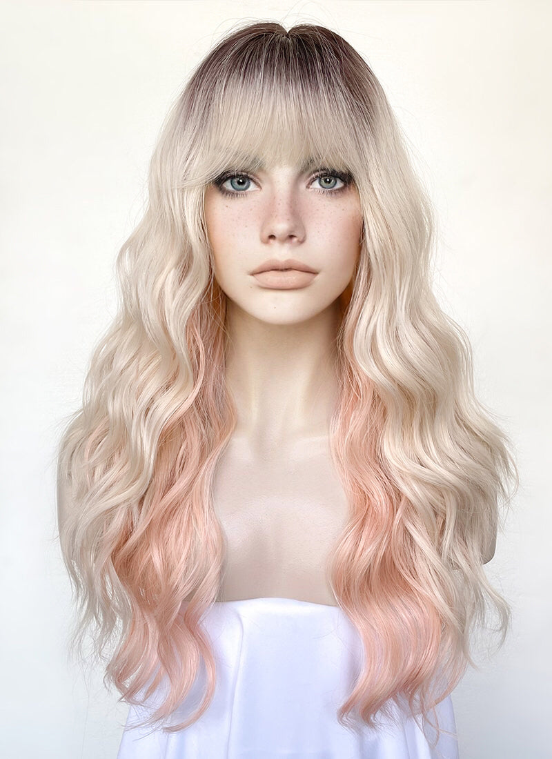 Blonde Mixed Pink With Dark Roots Wavy Synthetic Hair Wig NS486