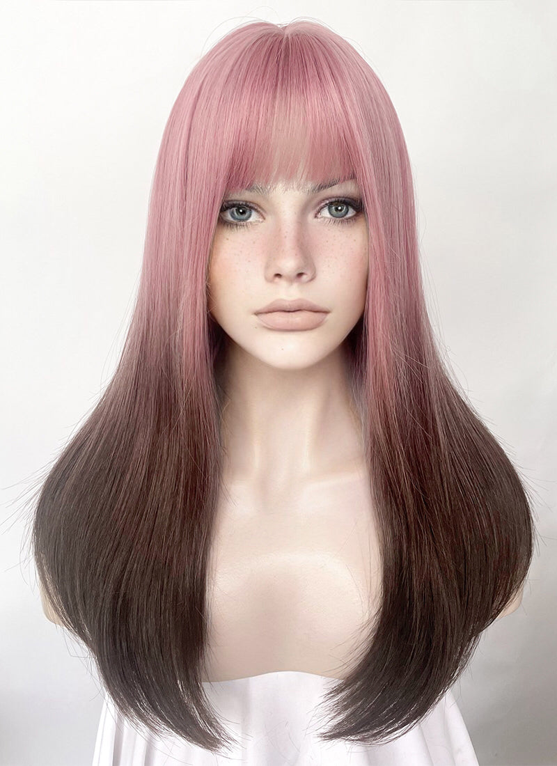 Pink Brown Ombre Straight Synthetic Hair Wig NS492