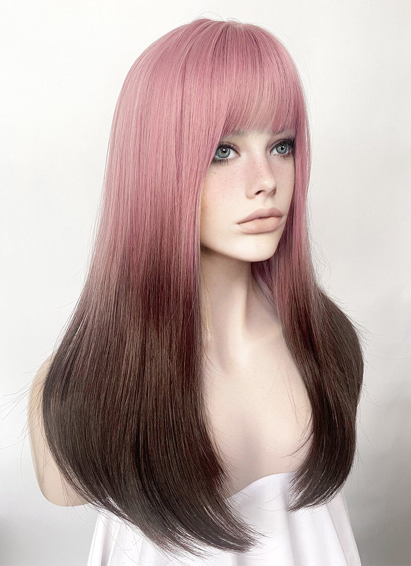 Pink Brown Ombre Straight Synthetic Hair Wig NS492