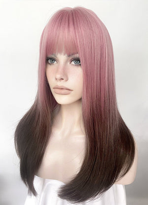 Pink Brown Ombre Straight Synthetic Hair Wig NS492
