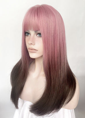 Pink Brown Ombre Straight Synthetic Hair Wig NS492