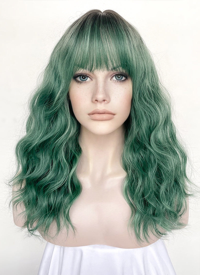 Green With Dark Roots Wavy Synthetic Hair Wig NS505
