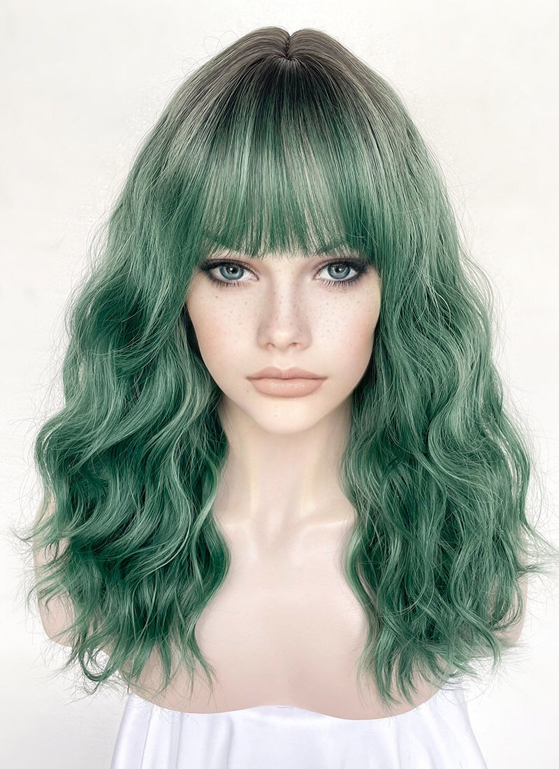 Green With Dark Roots Wavy Synthetic Hair Wig NS505